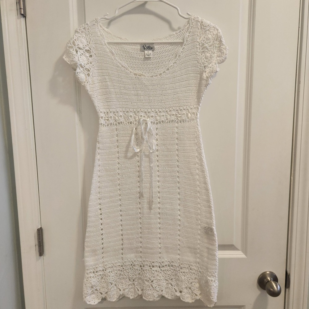 Lilly Pulitzer Vintage White Crochet Cotton Mini Dress XS Boho Ribbon Waist